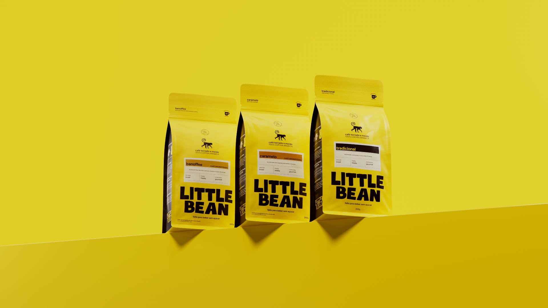 Três pacotes de café Little Bean: Banoffee, Caramelo e Tradicional